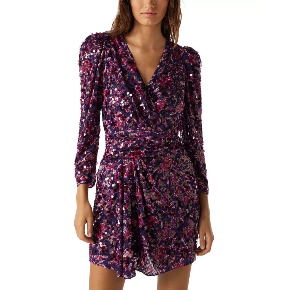 ba&sh Sola Sequined Gathered Waist Mini Dress V Neck Night Out Violet Size L 8
